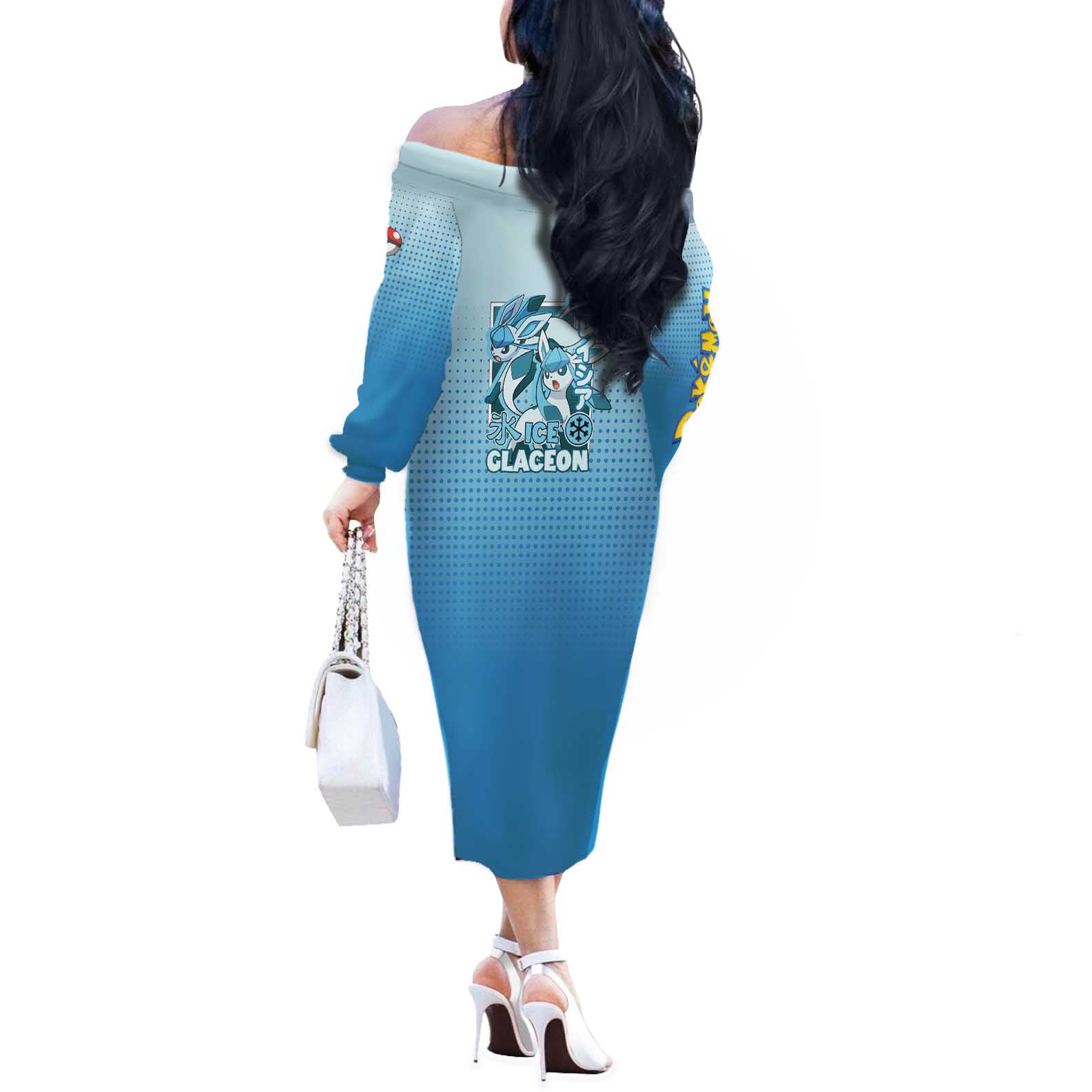 Glaceon from Poké Off The Shoulder Long Sleeve Dress with Ice Type Ability and Elegant Pose Design - The Mazicc