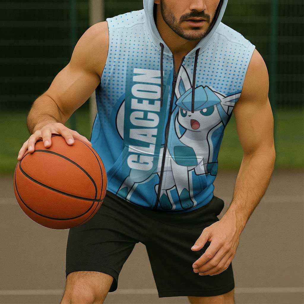 Glaceon from Poké Sleeveless Zip Hoodie with Ice Type Ability and Elegant Pose Design - The Mazicc
