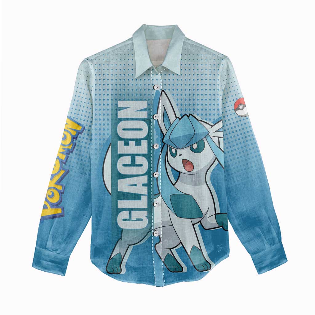 Glaceon from Poké Women Casual Shirt with Ice Type Ability and Elegant Pose Design - The Mazicc