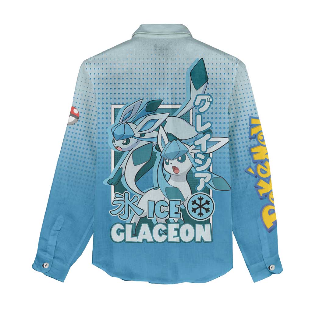 Glaceon from Poké Women Casual Shirt with Ice Type Ability and Elegant Pose Design - The Mazicc