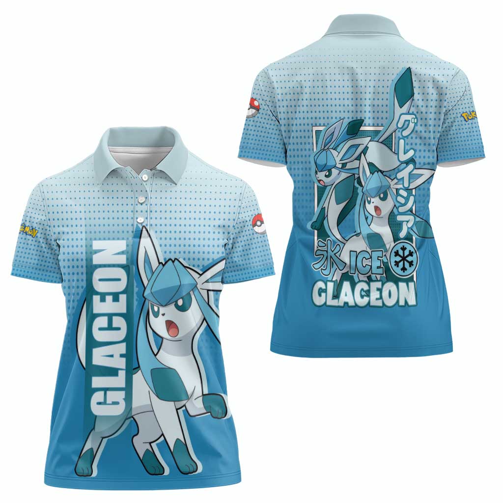 Glaceon from Poké Women Polo Shirt with Ice Type Ability and Elegant Pose Design - The Mazicc