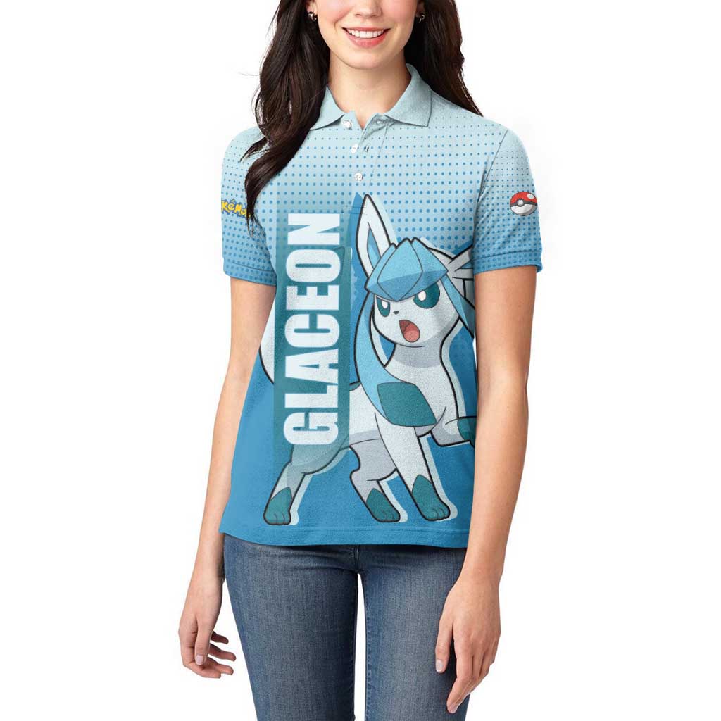 Glaceon from Poké Women Polo Shirt with Ice Type Ability and Elegant Pose Design - The Mazicc