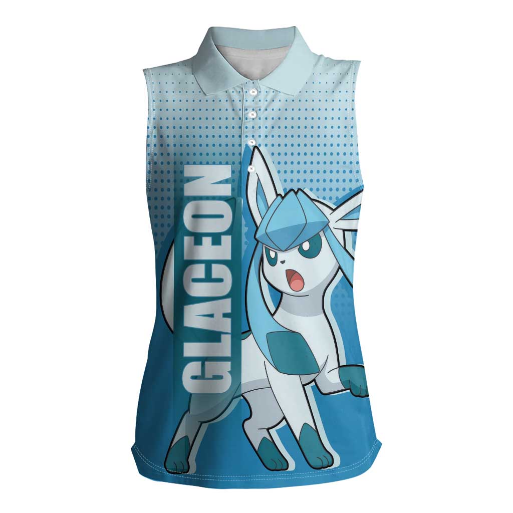 Glaceon from Poké Women Sleeveless Polo Shirt with Ice Type Ability and Elegant Pose Design - The Mazicc