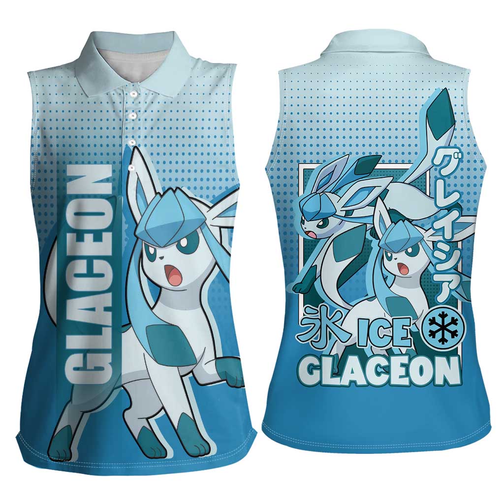 Glaceon from Poké Women Sleeveless Polo Shirt with Ice Type Ability and Elegant Pose Design - The Mazicc