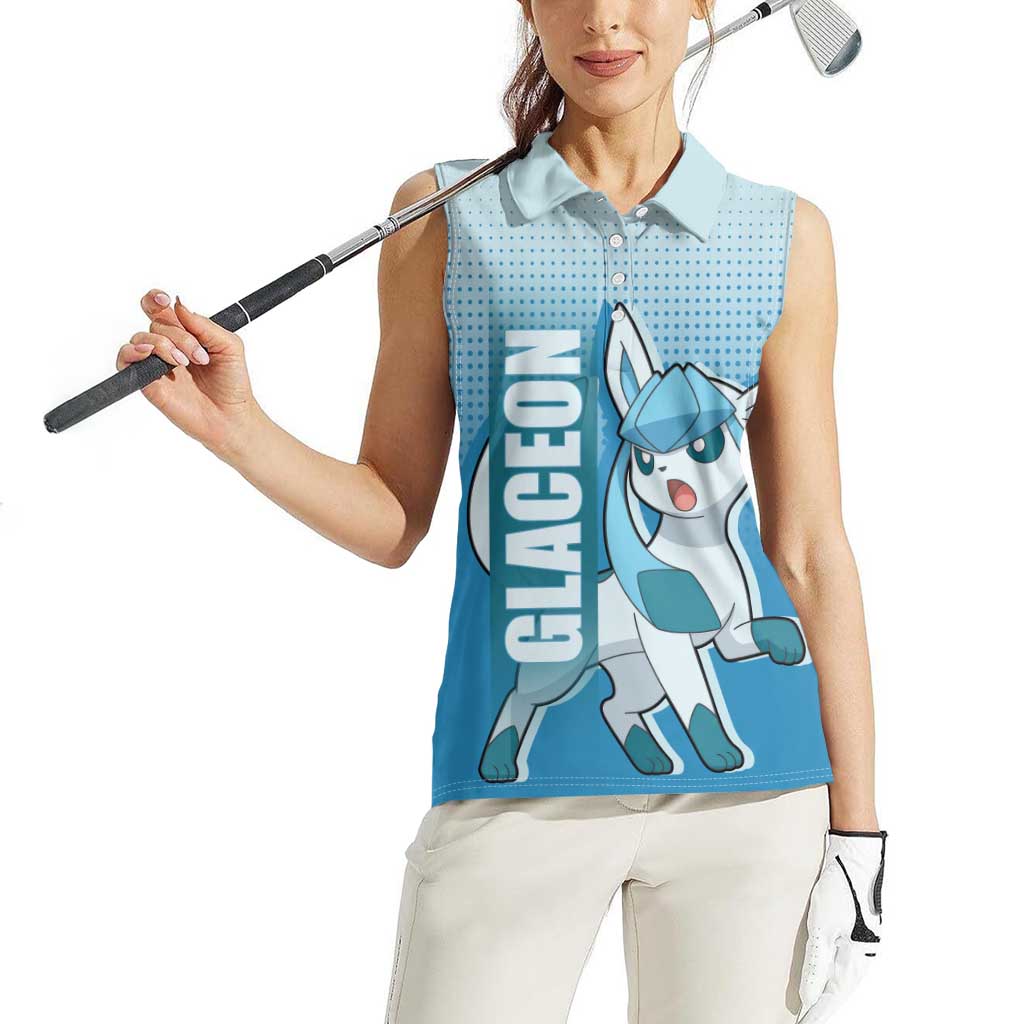 Glaceon from Poké Women Sleeveless Polo Shirt with Ice Type Ability and Elegant Pose Design - The Mazicc
