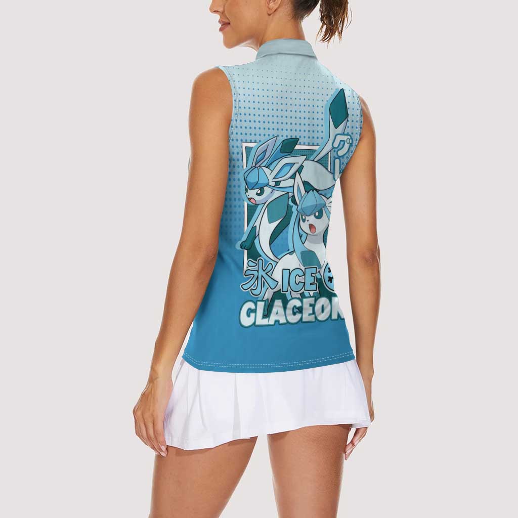 Glaceon from Poké Women Sleeveless Polo Shirt with Ice Type Ability and Elegant Pose Design - The Mazicc