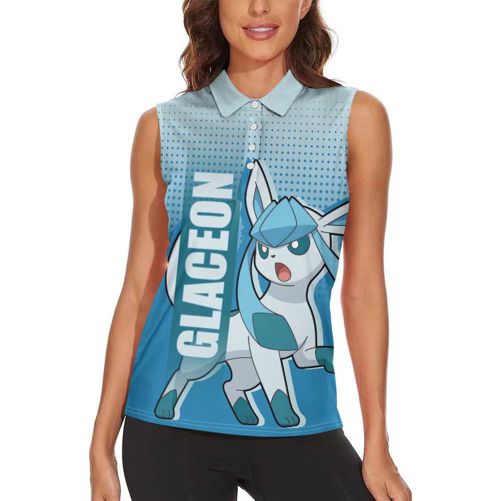 Glaceon from Poké Women Sleeveless Polo Shirt with Ice Type Ability and Elegant Pose Design - The Mazicc