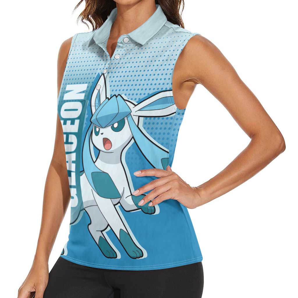 Glaceon from Poké Women Sleeveless Polo Shirt with Ice Type Ability and Elegant Pose Design - The Mazicc