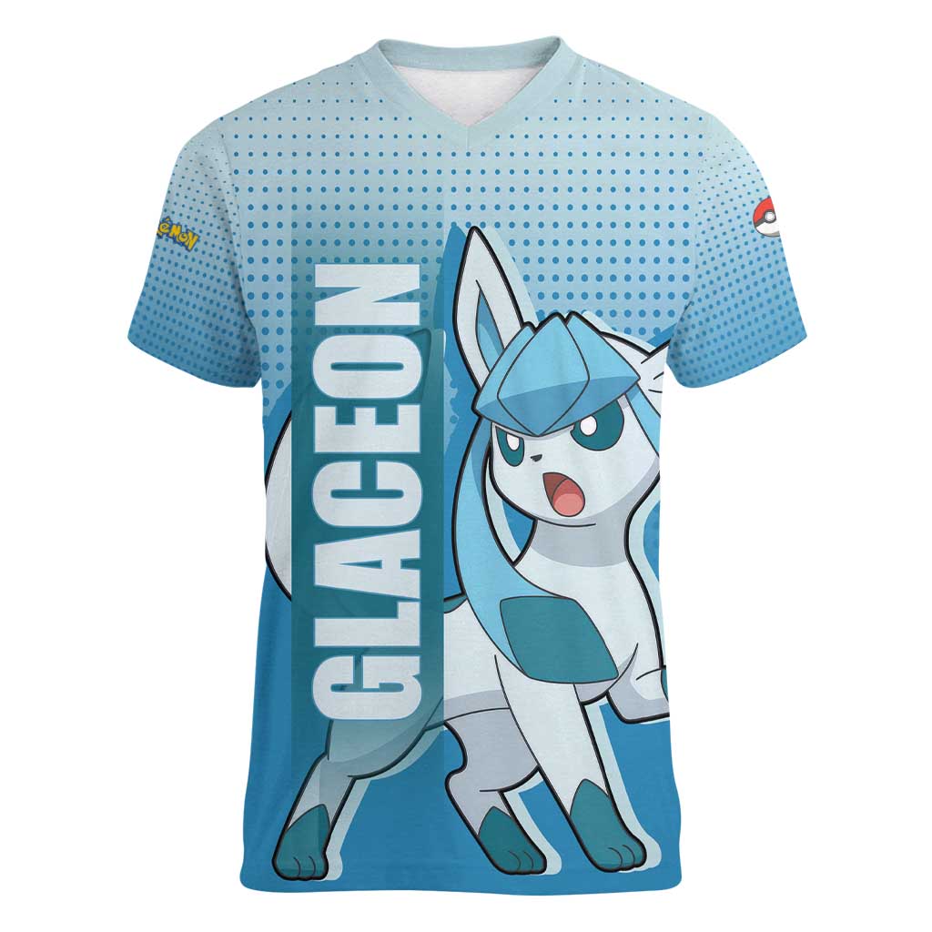 Glaceon from Poké Women V-Neck T-Shirt with Ice Type Ability and Elegant Pose Design - The Mazicc