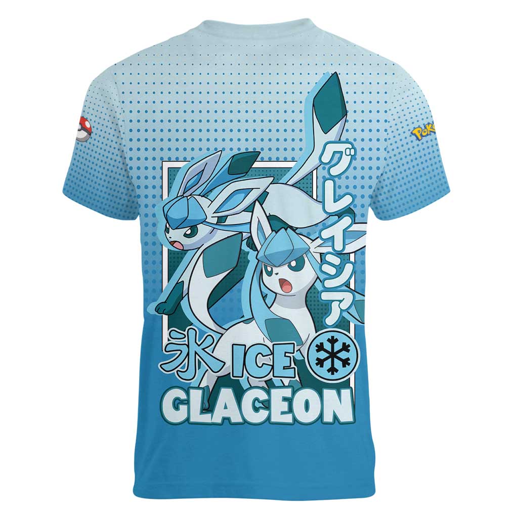 Glaceon from Poké Women V-Neck T-Shirt with Ice Type Ability and Elegant Pose Design - The Mazicc