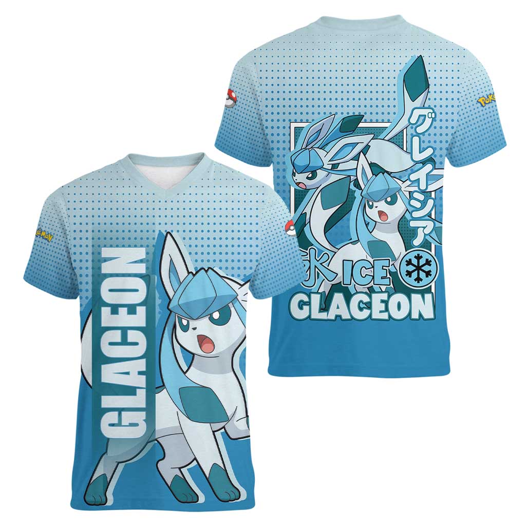 Glaceon from Poké Women V-Neck T-Shirt with Ice Type Ability and Elegant Pose Design - The Mazicc