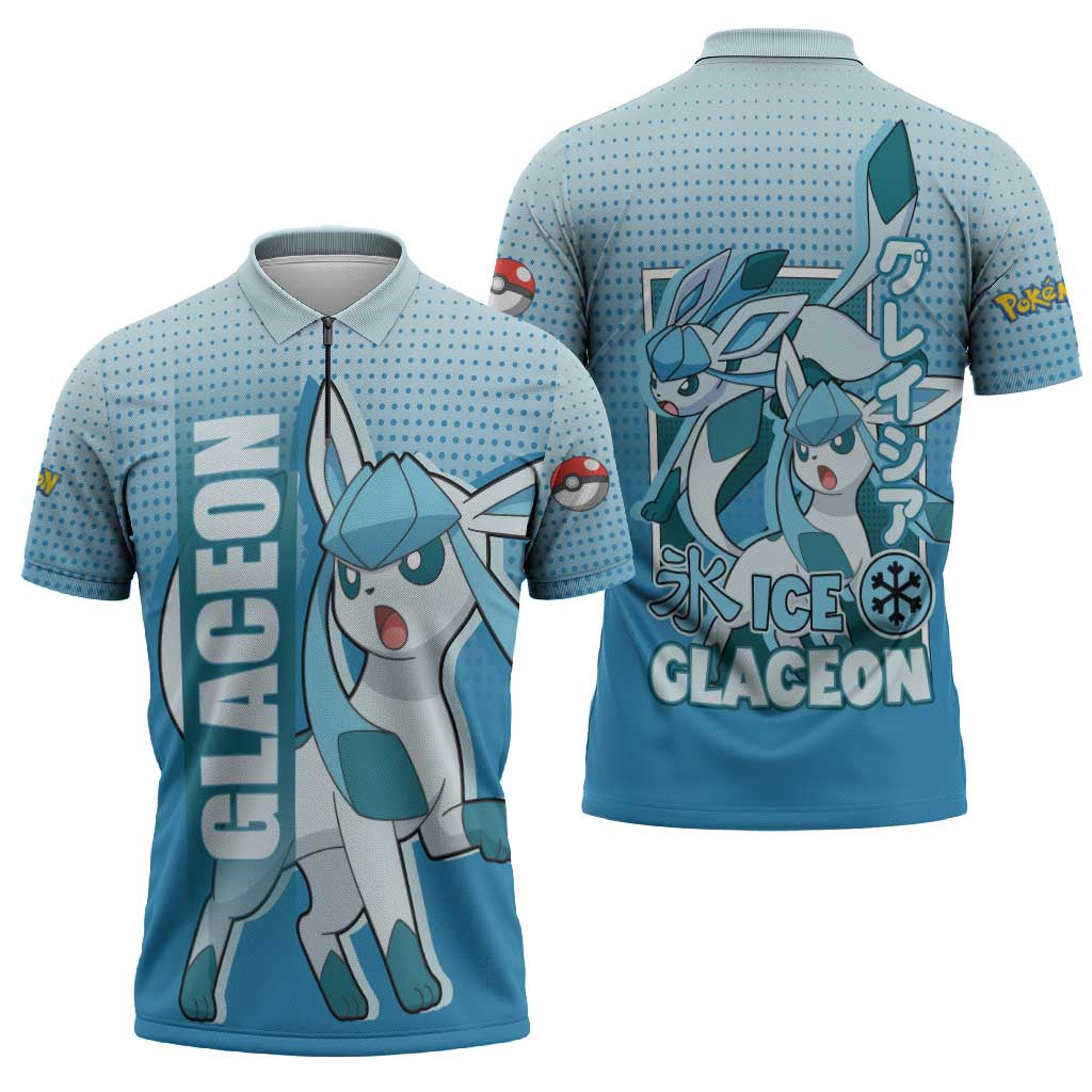 Glaceon from Poké Zipper Polo Shirt with Ice Type Ability and Elegant Pose Design - The Mazicc