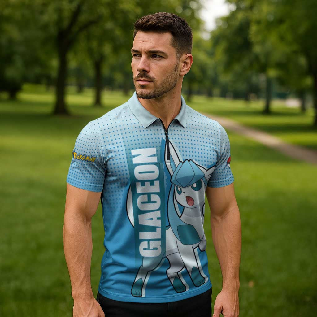 Glaceon from Poké Zipper Polo Shirt with Ice Type Ability and Elegant Pose Design - The Mazicc