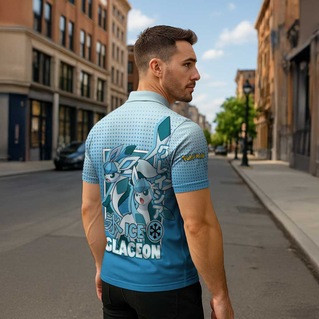 Glaceon from Poké Zipper Polo Shirt with Ice Type Ability and Elegant Pose Design - The Mazicc