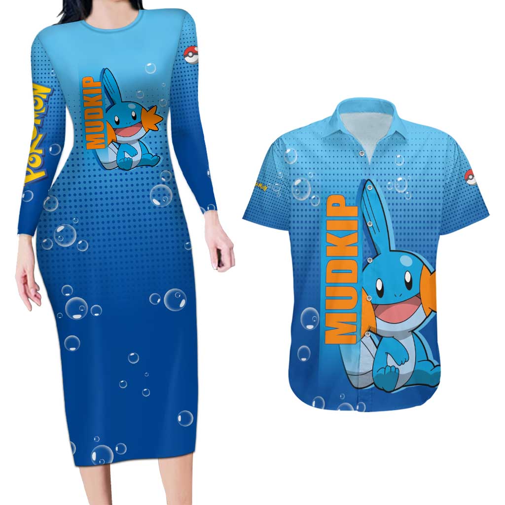 Mudkip from Poké Couples Matching Long Sleeve Bodycon Dress and Hawaiian Shirt with Water Type Ability and Playful Pose Design - The Mazicc