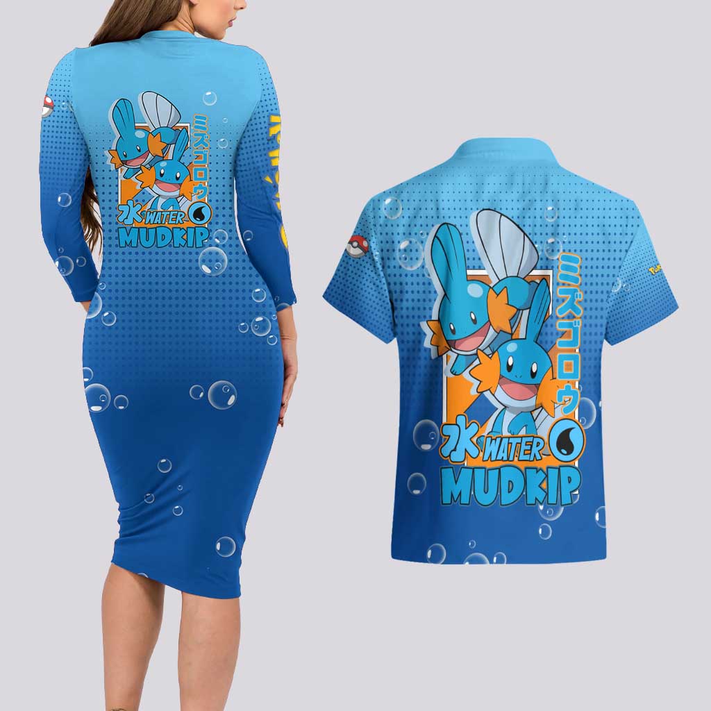 Mudkip from Poké Couples Matching Long Sleeve Bodycon Dress and Hawaiian Shirt with Water Type Ability and Playful Pose Design - The Mazicc