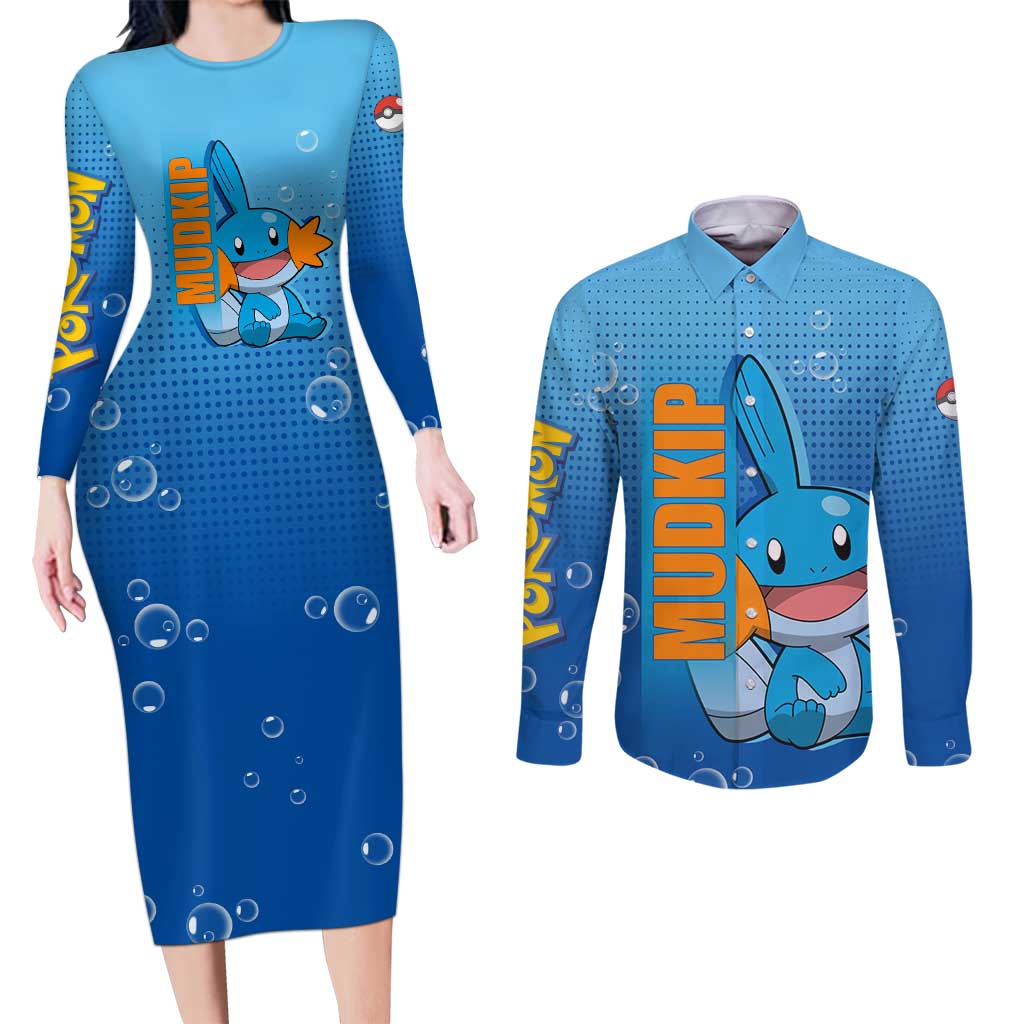 Mudkip from Poké Couples Matching Long Sleeve Bodycon Dress and Long Sleeve Button Shirt with Water Type Ability and Playful Pose Design - The Mazicc