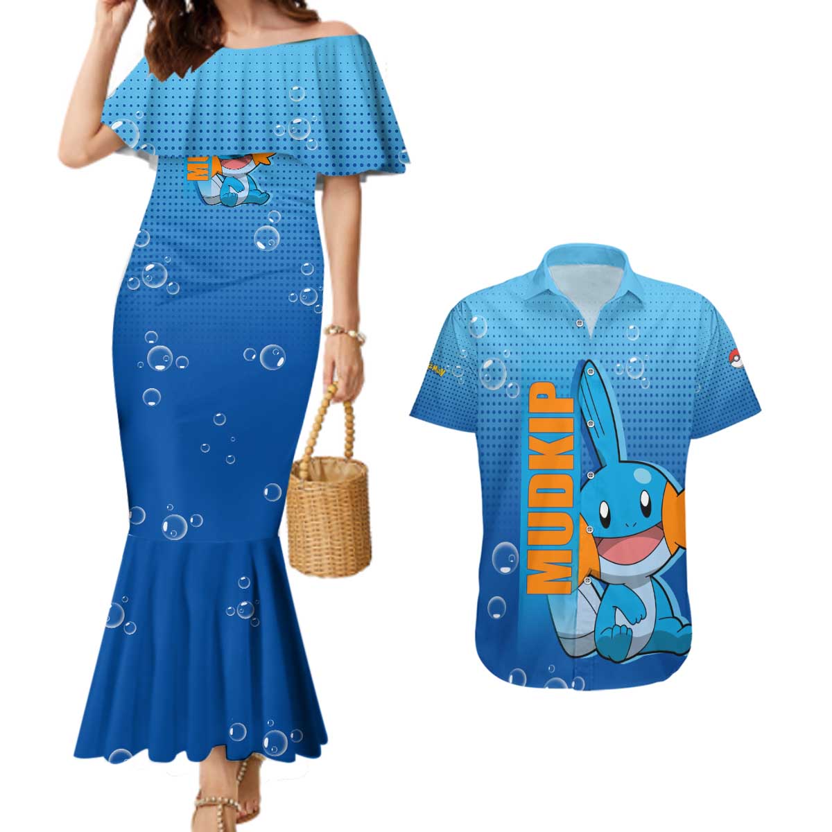 Mudkip from Poké Couples Matching Mermaid Dress and Hawaiian Shirt with Water Type Ability and Playful Pose Design - The Mazicc