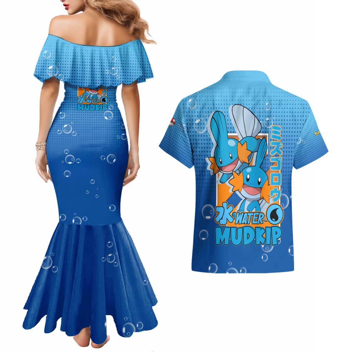 Mudkip from Poké Couples Matching Mermaid Dress and Hawaiian Shirt with Water Type Ability and Playful Pose Design - The Mazicc