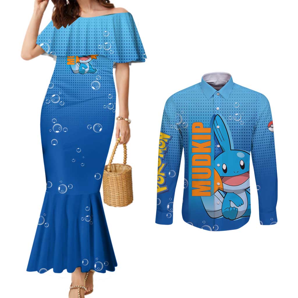 Mudkip from Poké Couples Matching Mermaid Dress and Long Sleeve Button Shirt with Water Type Ability and Playful Pose Design - The Mazicc