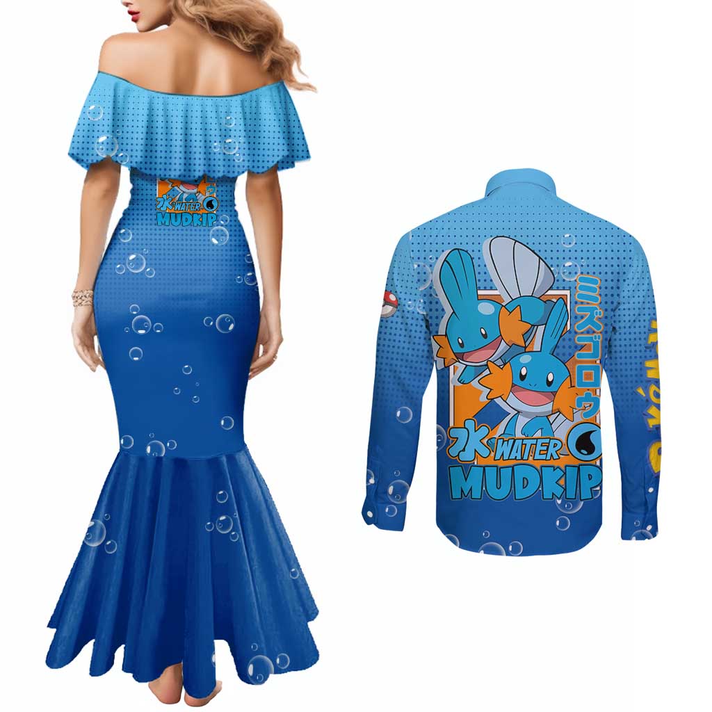 Mudkip from Poké Couples Matching Mermaid Dress and Long Sleeve Button Shirt with Water Type Ability and Playful Pose Design - The Mazicc