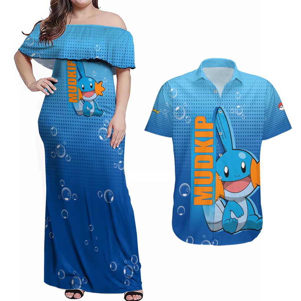 Mudkip from Poké Couples Matching Off Shoulder Maxi Dress and Hawaiian Shirt with Water Type Ability and Playful Pose Design - The Mazicc