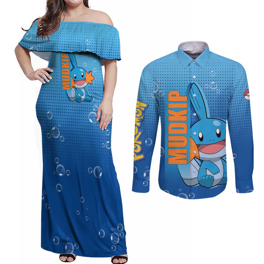 Mudkip from Poké Couples Matching Off Shoulder Maxi Dress and Long Sleeve Button Shirt with Water Type Ability and Playful Pose Design - The Mazicc