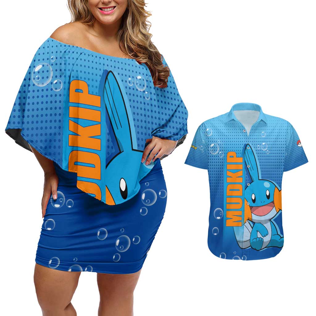Mudkip from Poké Couples Matching Off Shoulder Short Dress and Hawaiian Shirt with Water Type Ability and Playful Pose Design - The Mazicc