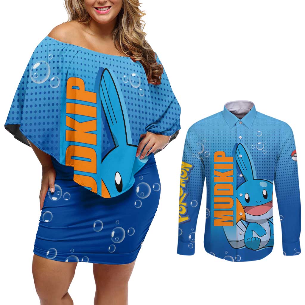 Mudkip from Poké Couples Matching Off Shoulder Short Dress and Long Sleeve Button Shirt with Water Type Ability and Playful Pose Design - The Mazicc