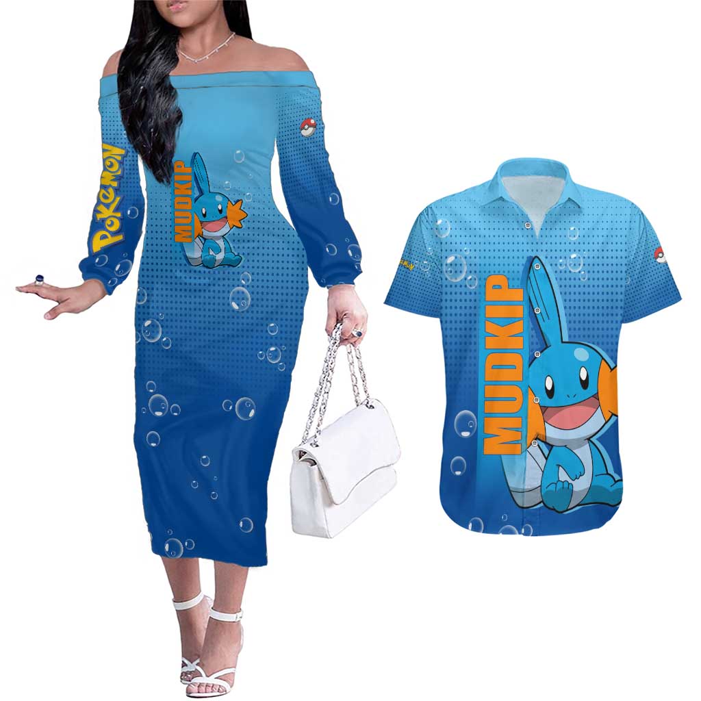 Mudkip from Poké Couples Matching Off The Shoulder Long Sleeve Dress and Hawaiian Shirt with Water Type Ability and Playful Pose Design - The Mazicc