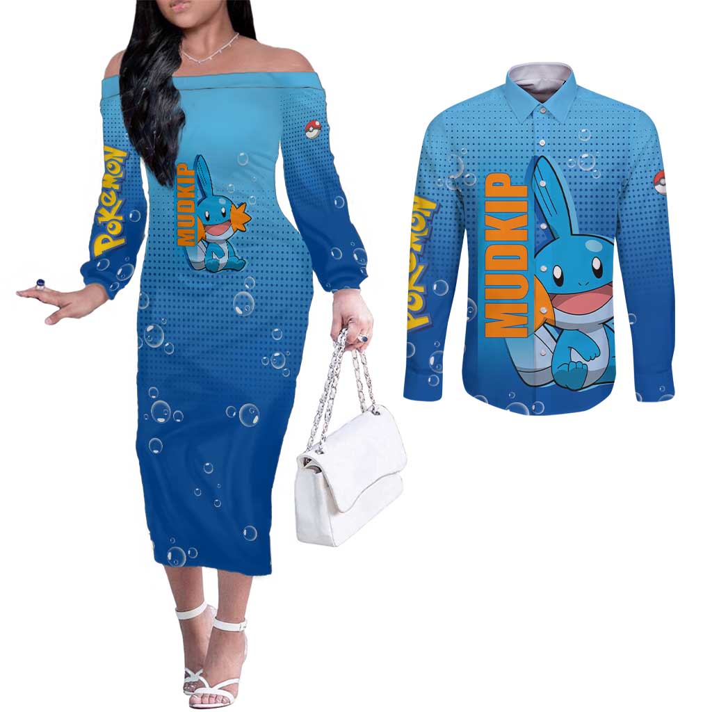 Mudkip from Poké Couples Matching Off The Shoulder Long Sleeve Dress and Long Sleeve Button Shirt with Water Type Ability and Playful Pose Design - The Mazicc