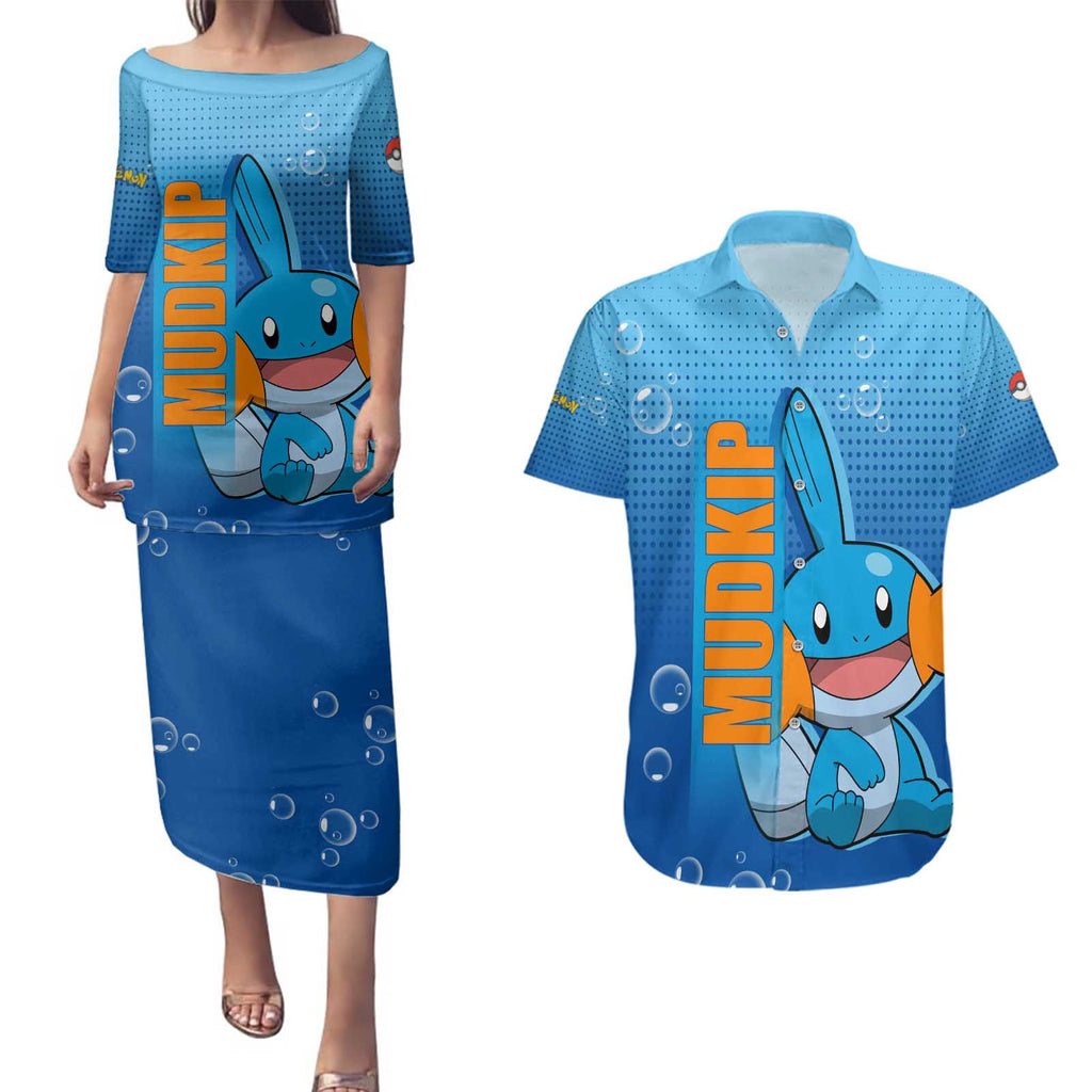 Mudkip from Poké Couples Matching Puletasi and Hawaiian Shirt with Water Type Ability and Playful Pose Design - The Mazicc