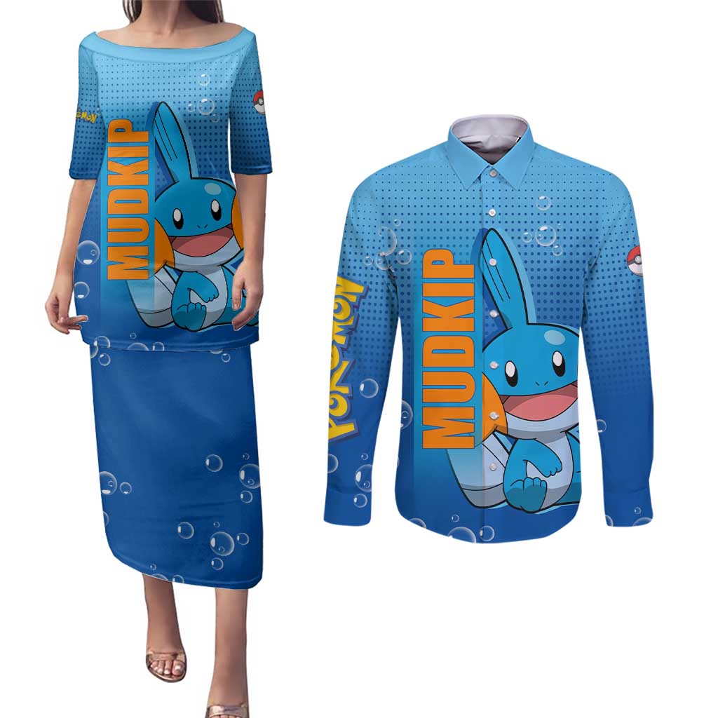 Mudkip from Poké Couples Matching Puletasi and Long Sleeve Button Shirt with Water Type Ability and Playful Pose Design - The Mazicc