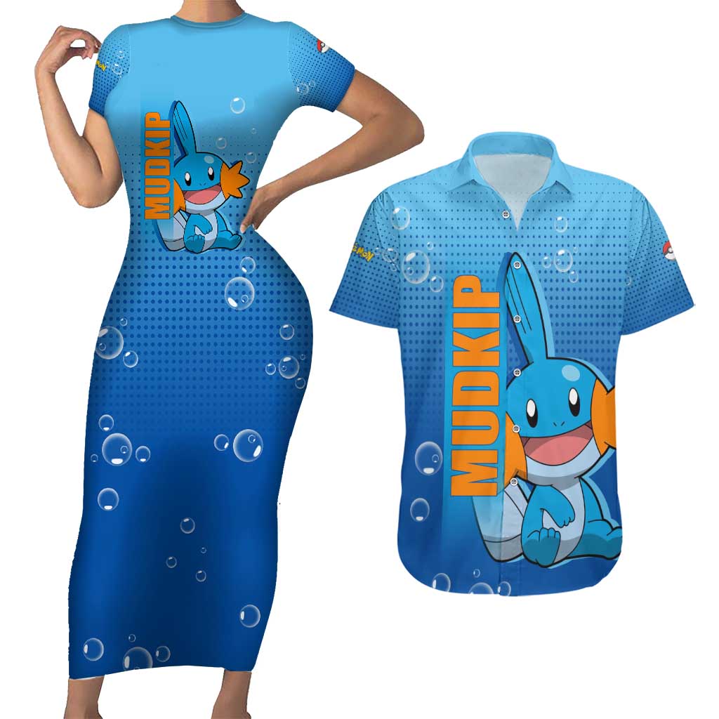 Mudkip from Poké Couples Matching Short Sleeve Bodycon Dress and Hawaiian Shirt with Water Type Ability and Playful Pose Design - The Mazicc