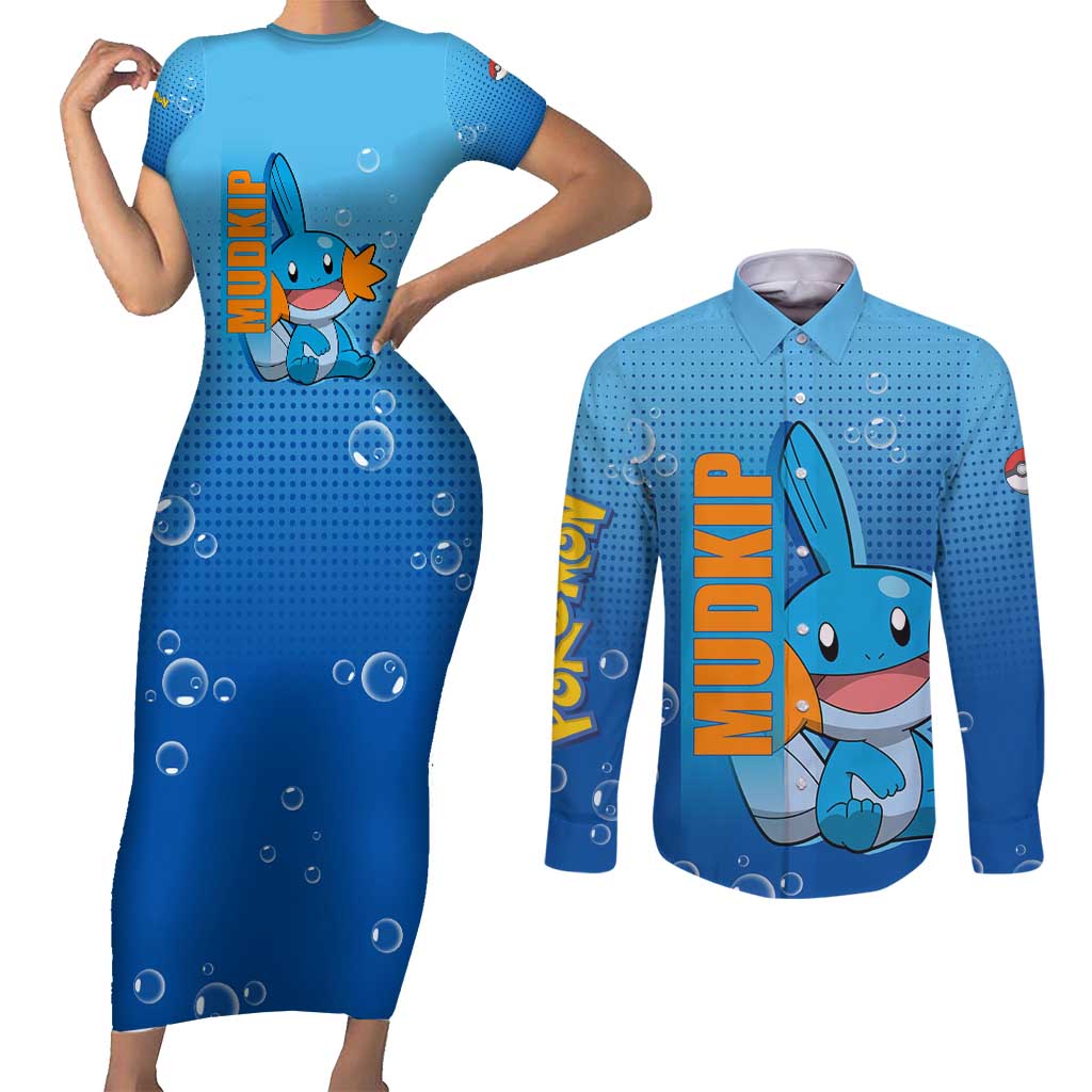 Mudkip from Poké Couples Matching Short Sleeve Bodycon Dress and Long Sleeve Button Shirt with Water Type Ability and Playful Pose Design - The Mazicc