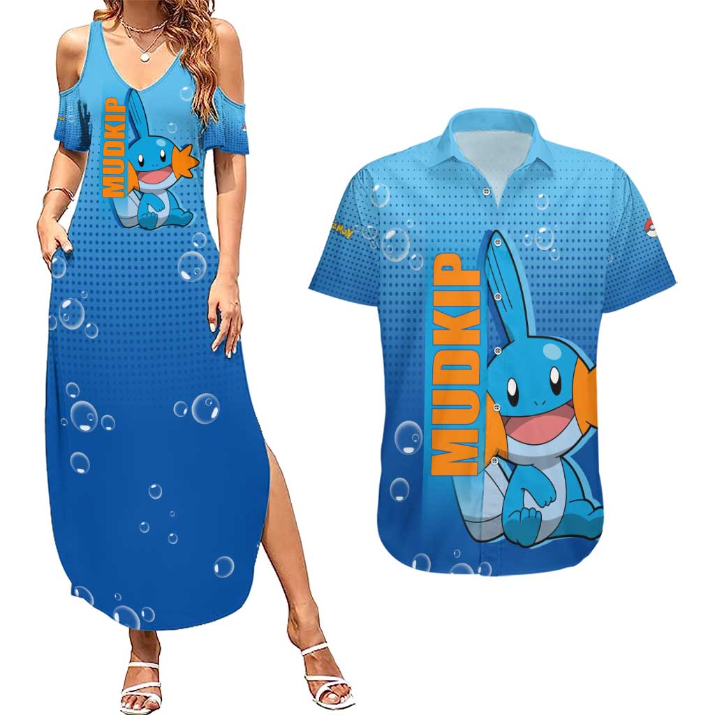 Mudkip from Poké Couples Matching Summer Maxi Dress and Hawaiian Shirt with Water Type Ability and Playful Pose Design - The Mazicc