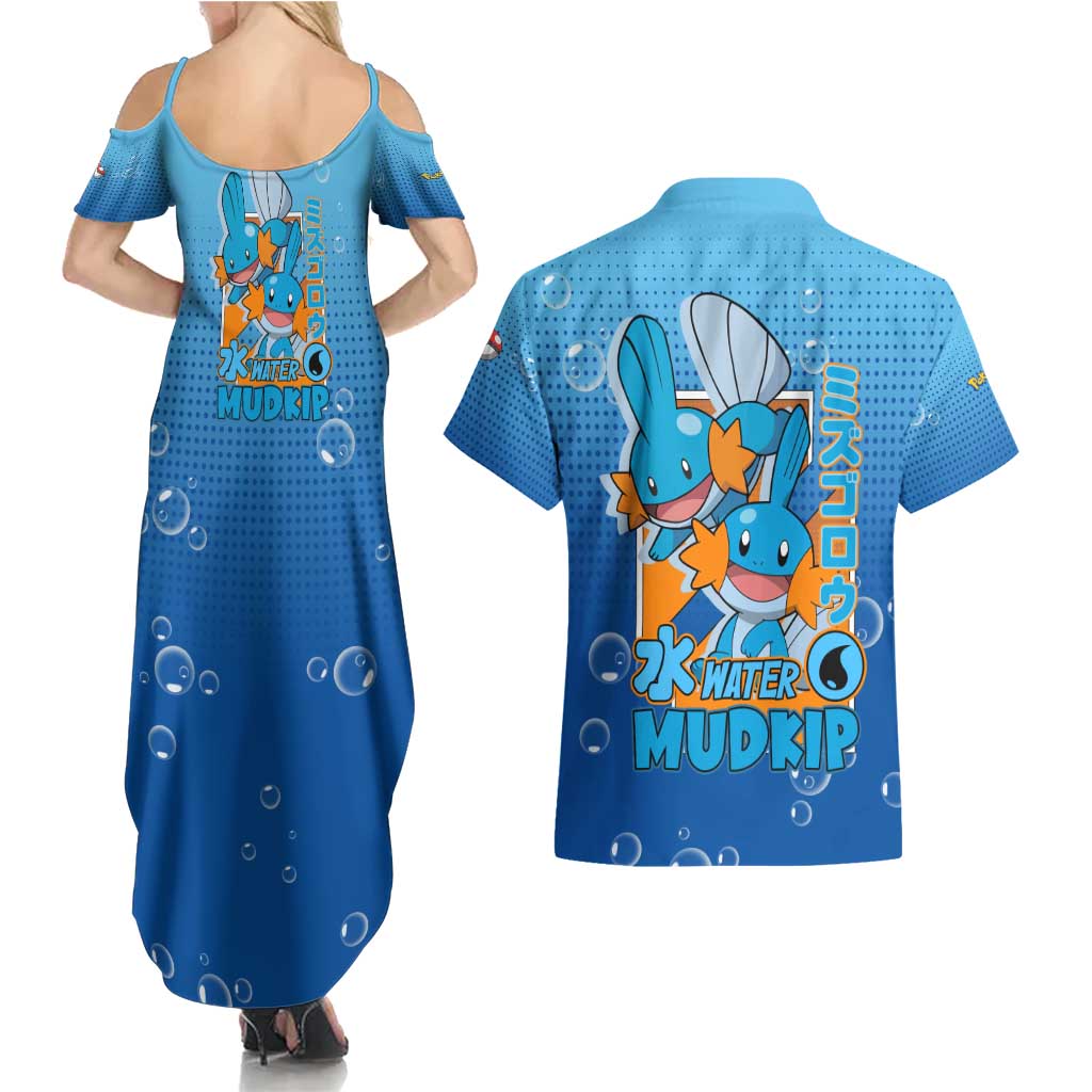 Mudkip from Poké Couples Matching Summer Maxi Dress and Hawaiian Shirt with Water Type Ability and Playful Pose Design - The Mazicc