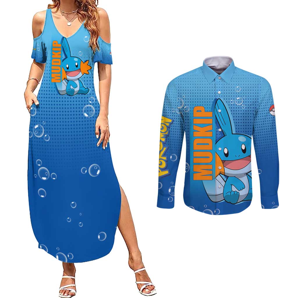 Mudkip from Poké Couples Matching Summer Maxi Dress and Long Sleeve Button Shirt with Water Type Ability and Playful Pose Design - The Mazicc