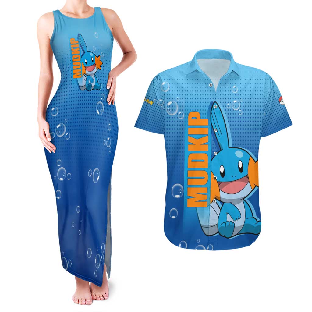 Mudkip from Poké Couples Matching Tank Maxi Dress and Hawaiian Shirt with Water Type Ability and Playful Pose Design - The Mazicc