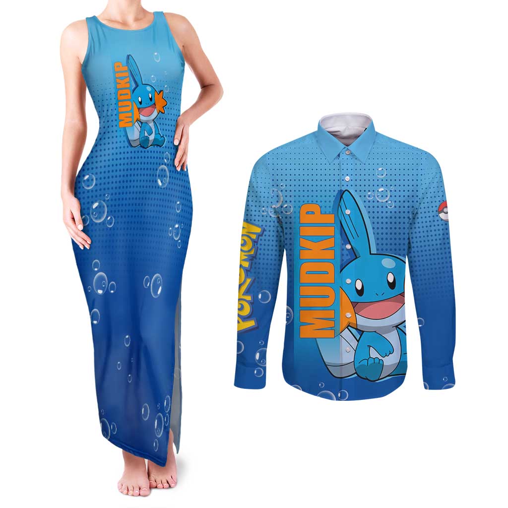 Mudkip from Poké Couples Matching Tank Maxi Dress and Long Sleeve Button Shirt with Water Type Ability and Playful Pose Design - The Mazicc