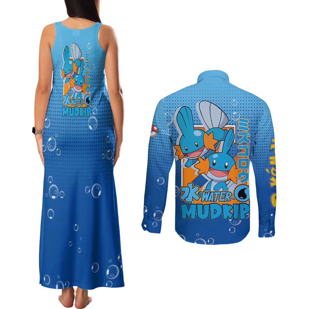 Mudkip from Poké Couples Matching Tank Maxi Dress and Long Sleeve Button Shirt with Water Type Ability and Playful Pose Design - The Mazicc