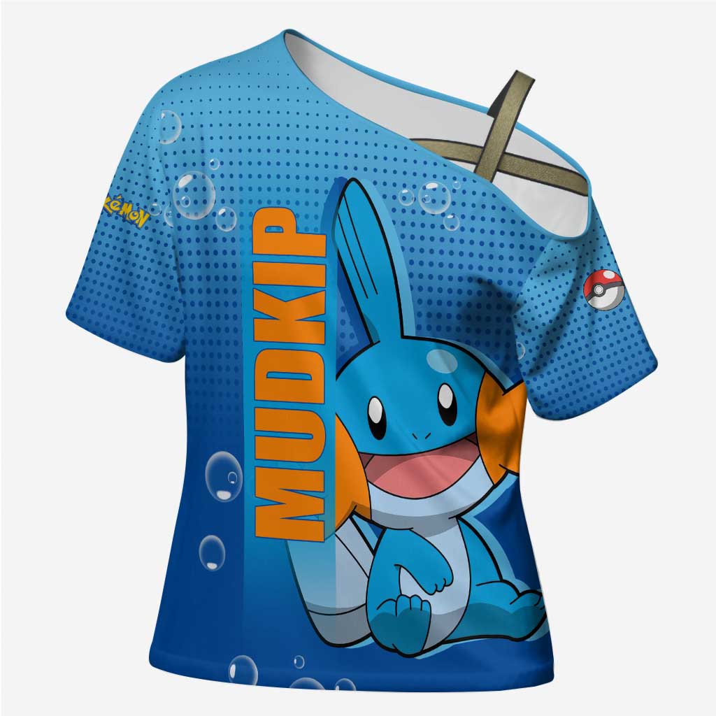 Mudkip from Poké Cross Shoulder Shirt with Water Type Ability and Playful Pose Design - The Mazicc
