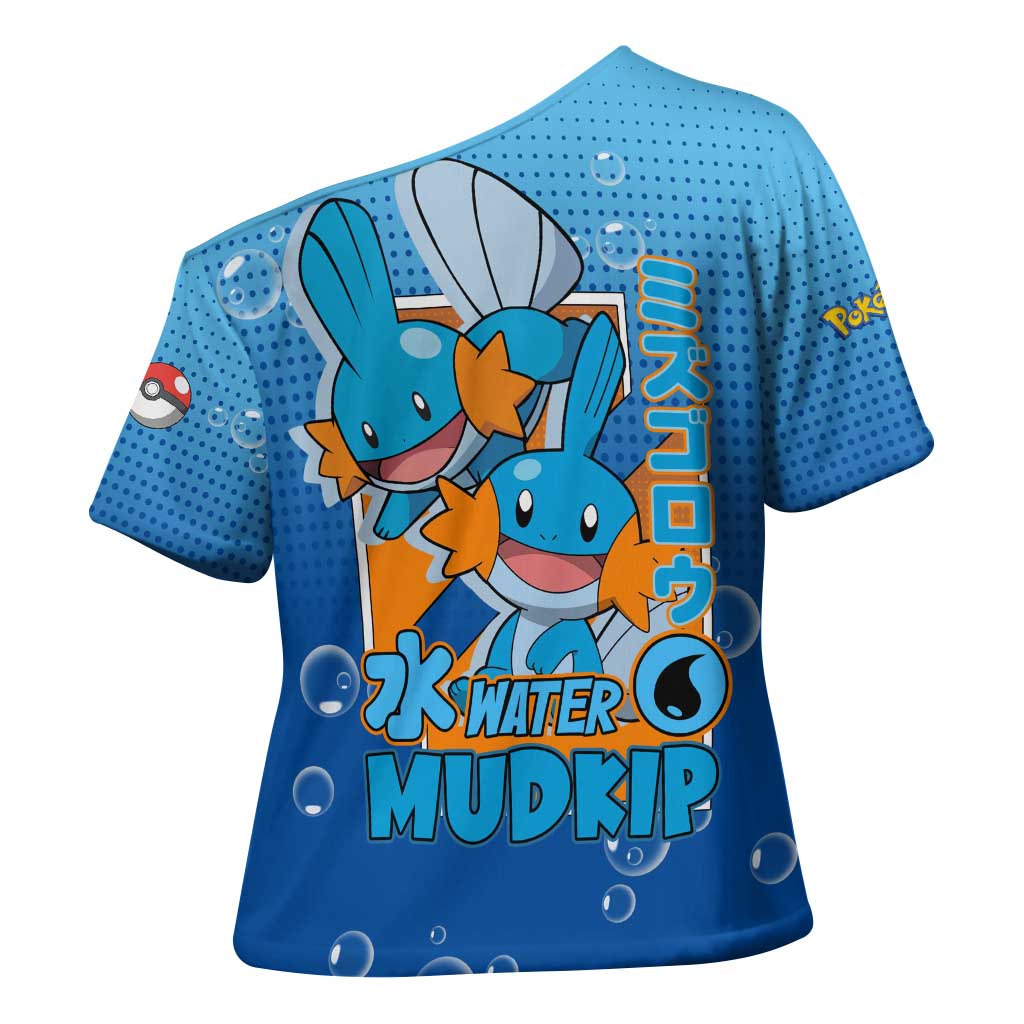 Mudkip from Poké Cross Shoulder Shirt with Water Type Ability and Playful Pose Design - The Mazicc