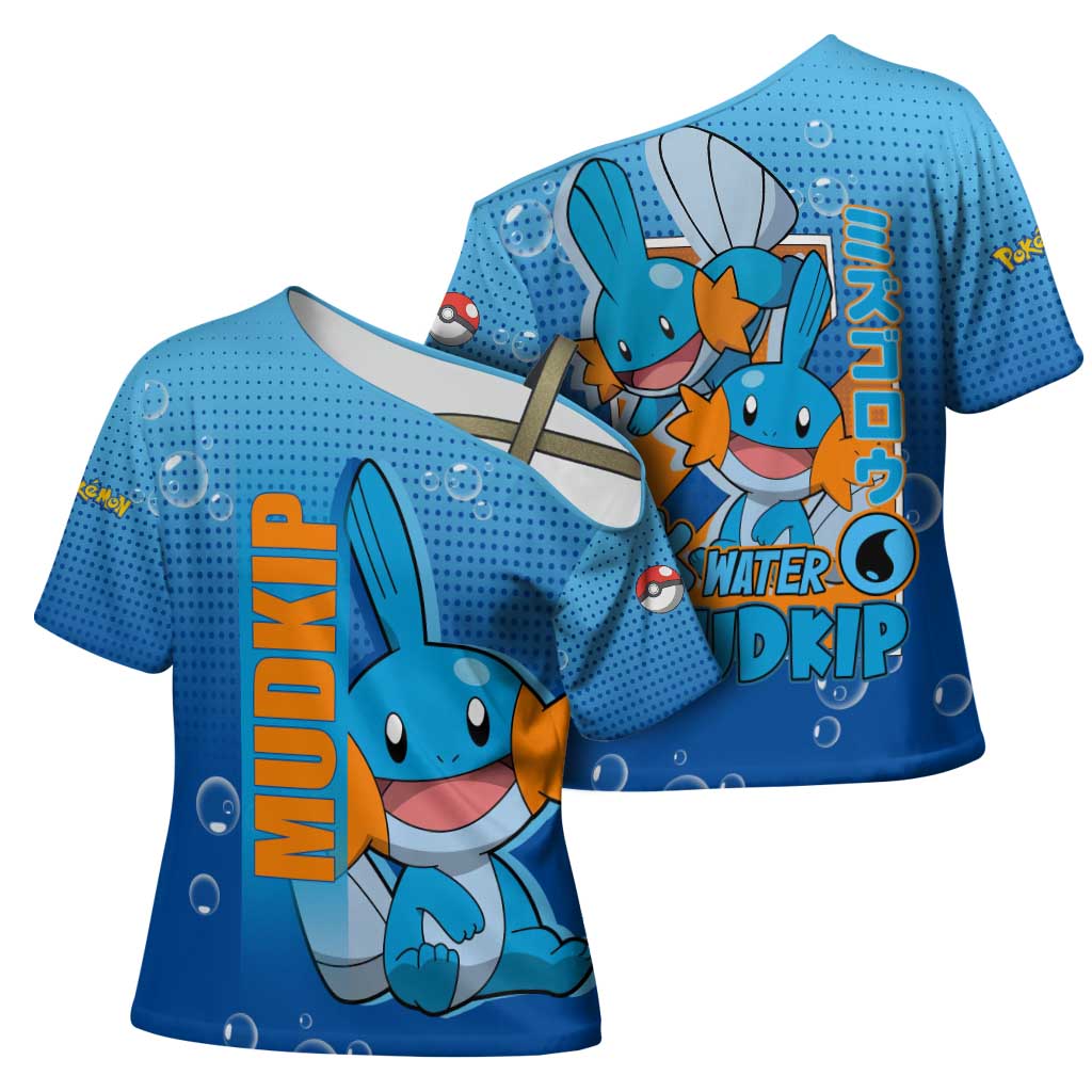 Mudkip from Poké Cross Shoulder Shirt with Water Type Ability and Playful Pose Design - The Mazicc