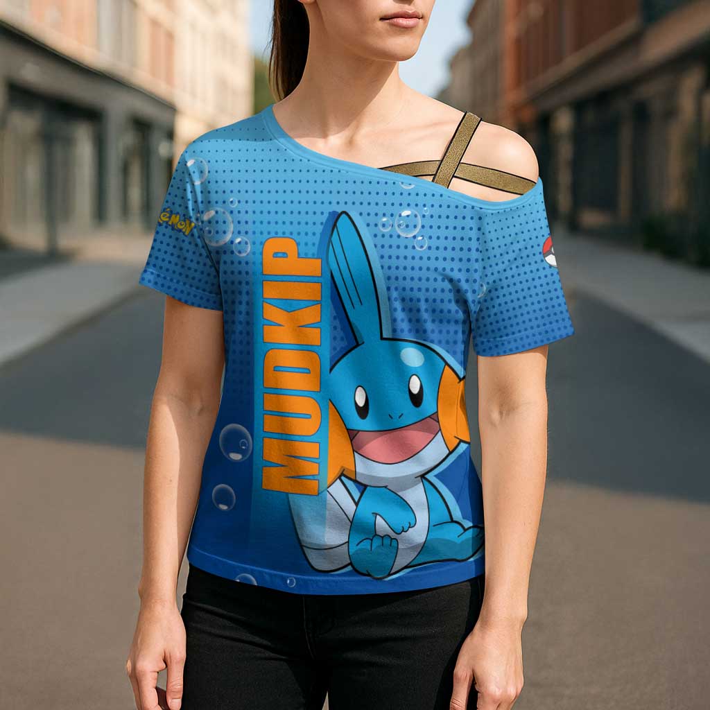 Mudkip from Poké Cross Shoulder Shirt with Water Type Ability and Playful Pose Design - The Mazicc