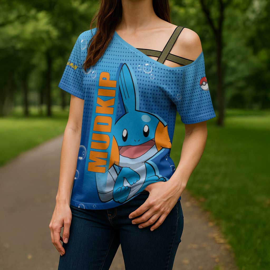 Mudkip from Poké Cross Shoulder Shirt with Water Type Ability and Playful Pose Design - The Mazicc
