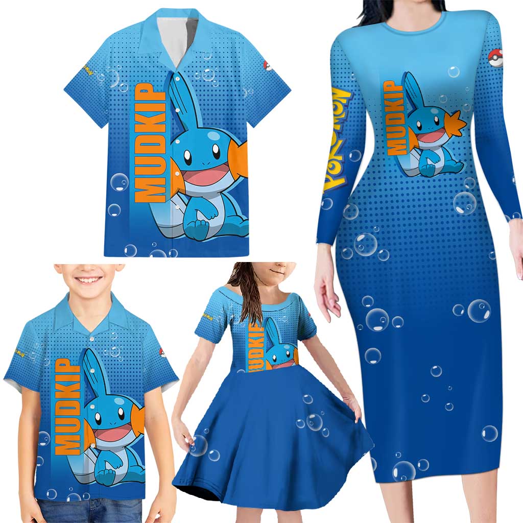 Mudkip from Poké Family Matching Long Sleeve Bodycon Dress and Hawaiian Shirt with Water Type Ability and Playful Pose Design - The Mazicc