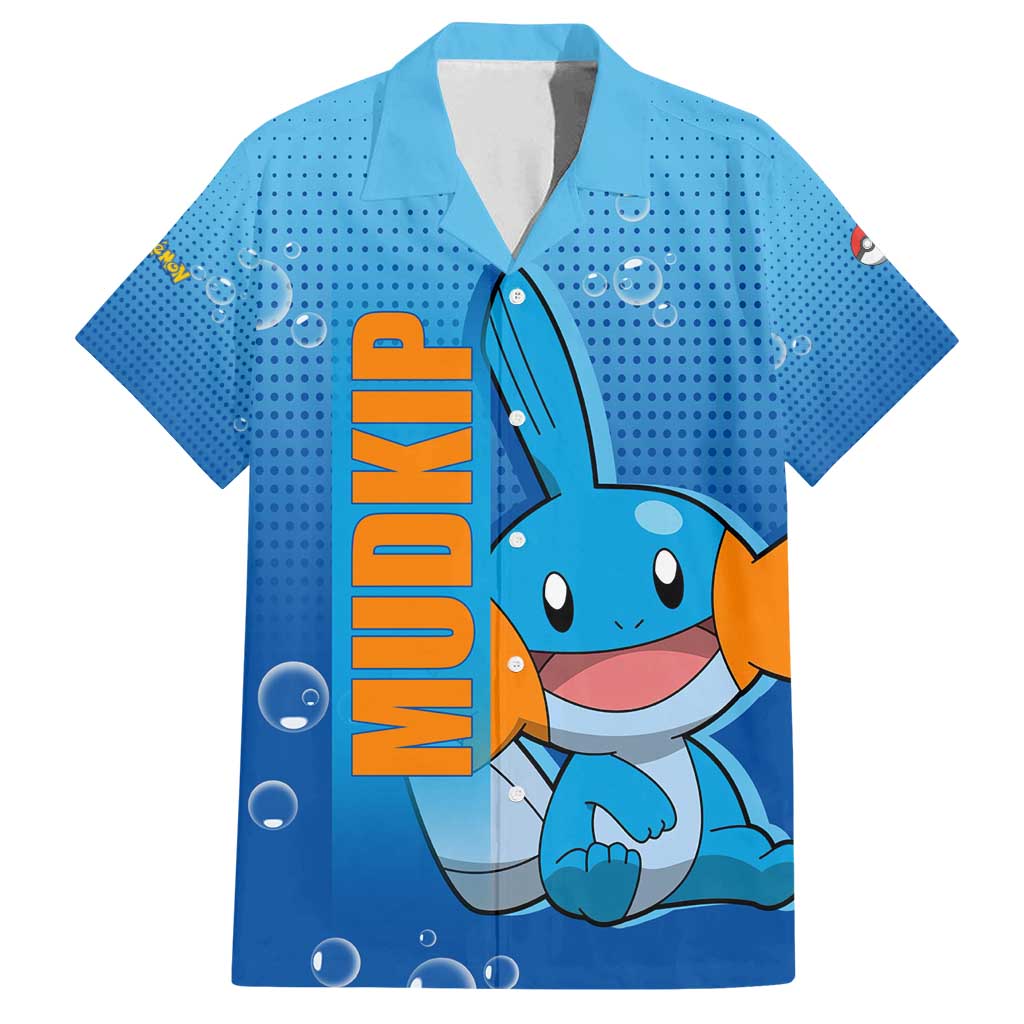 Mudkip from Poké Family Matching Long Sleeve Bodycon Dress and Hawaiian Shirt with Water Type Ability and Playful Pose Design - The Mazicc