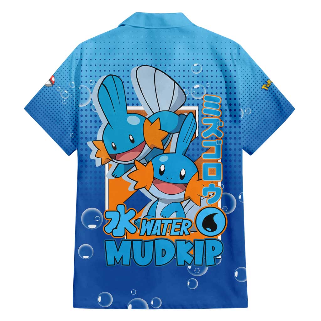Mudkip from Poké Family Matching Long Sleeve Bodycon Dress and Hawaiian Shirt with Water Type Ability and Playful Pose Design - The Mazicc