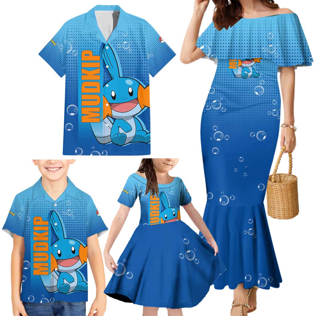Mudkip from Poké Family Matching Mermaid Dress and Hawaiian Shirt with Water Type Ability and Playful Pose Design - The Mazicc